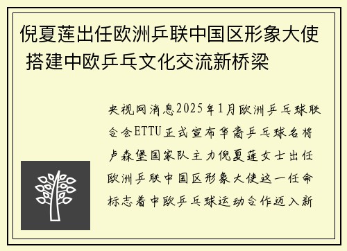 倪夏莲出任欧洲乒联中国区形象大使 搭建中欧乒乓文化交流新桥梁