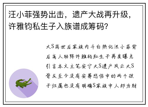 汪小菲强势出击，遗产大战再升级，许雅钧私生子入族谱成筹码？