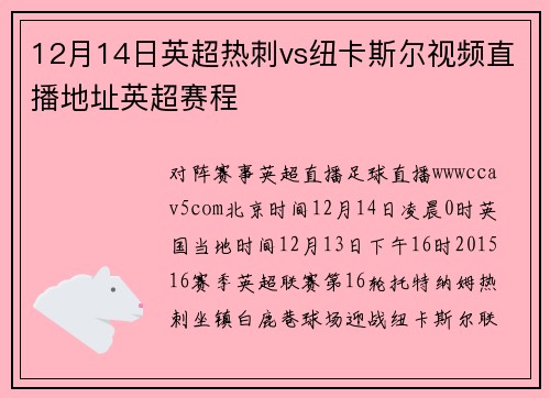 12月14日英超热刺vs纽卡斯尔视频直播地址英超赛程